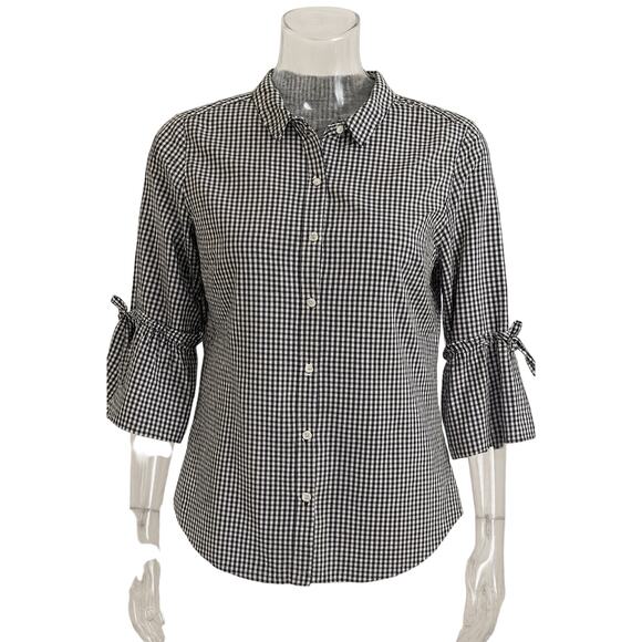Gingham Blouse XXS Black White Check Button-Up Cotton Blend Tie Sleeve - Picture 1 of 9